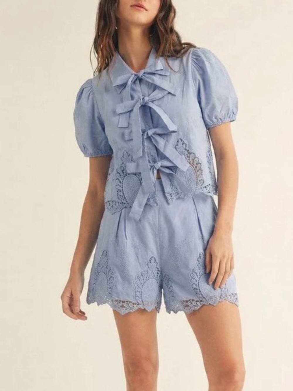 0210.  Light Blue Embroidered Three-Piece Short Sleeve Blouse, Tank & Shorts Set